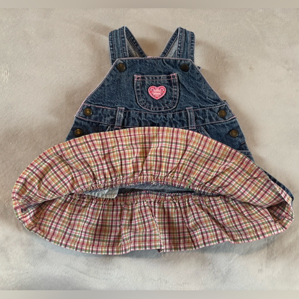 Early 2000s The Children’s Place 3-6M Denim Overall Dress Pink Plaid Ruffle - Picture 4 of 7